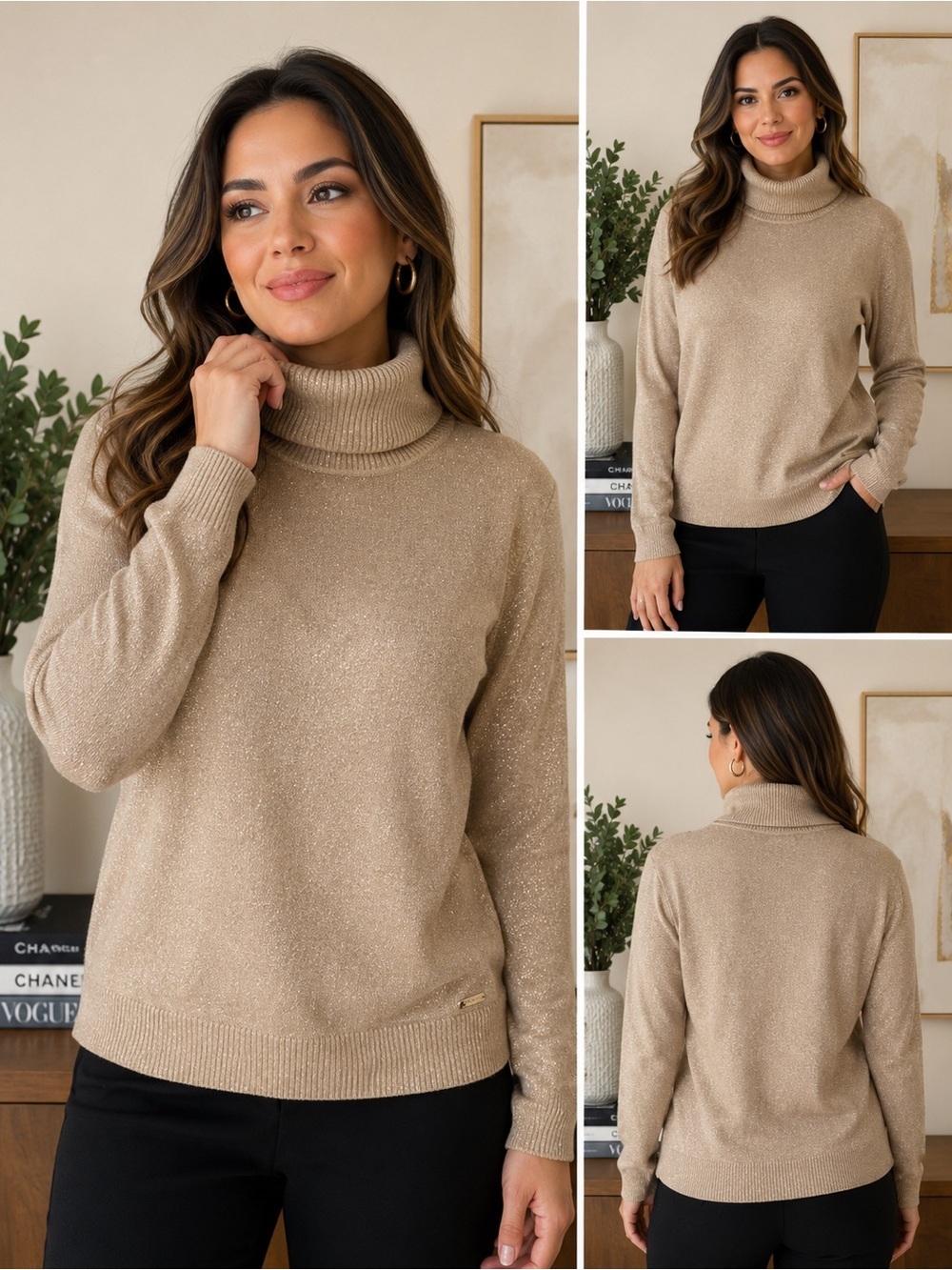 Calvin Klein Shimmer Turtleneck Sweater XL Champagne Gold Knit
